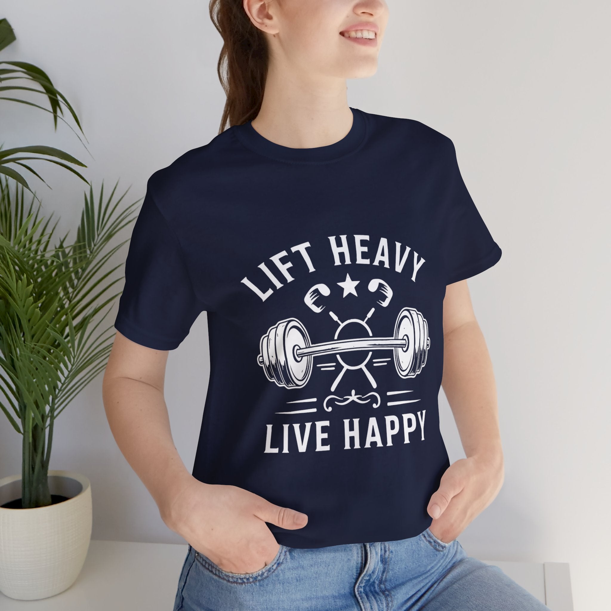 Lift Heavy Live Happy Barbell - Detailed Weight Design - Powerlifting Tee