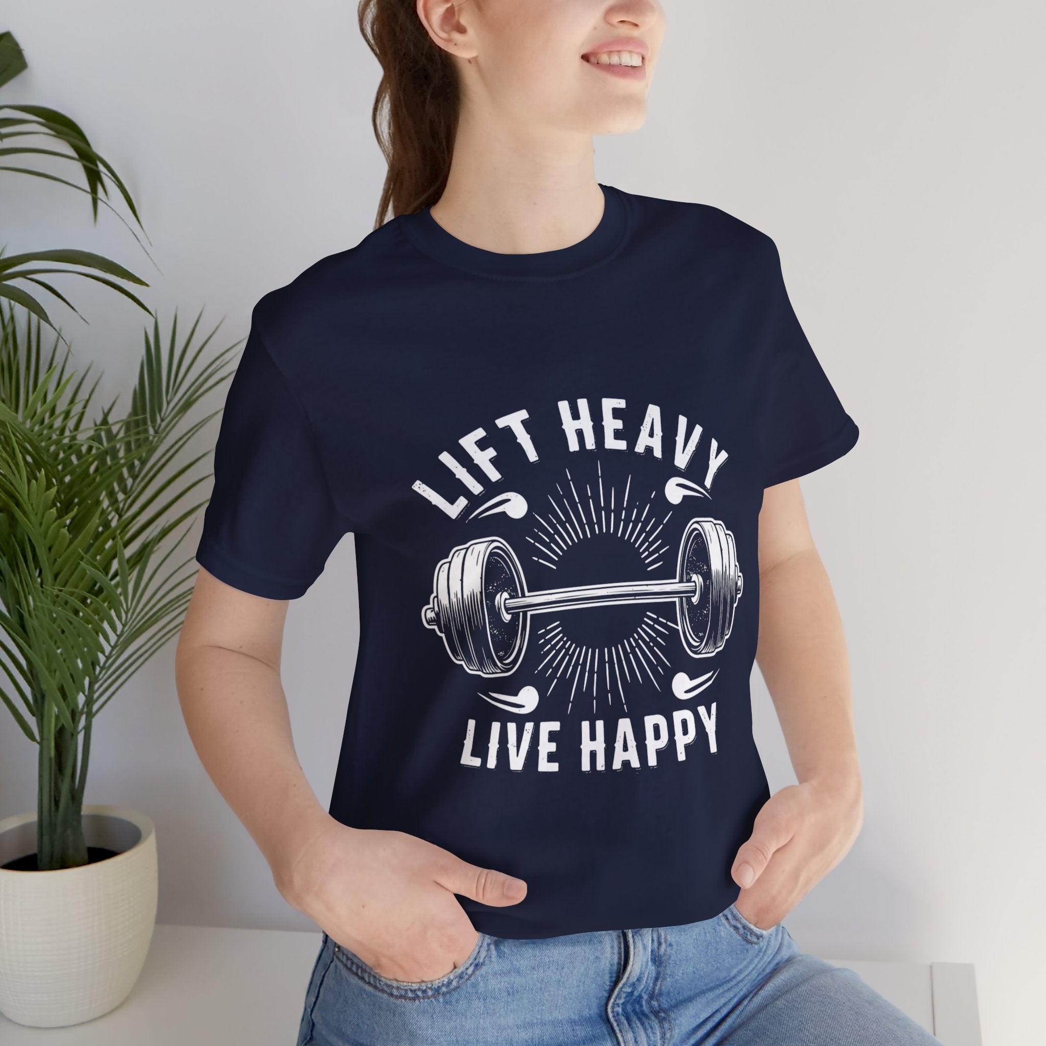 Lift Heavy Live Happy Rays - Sunburst Barbell Tee - Strength Happiness Shirt
