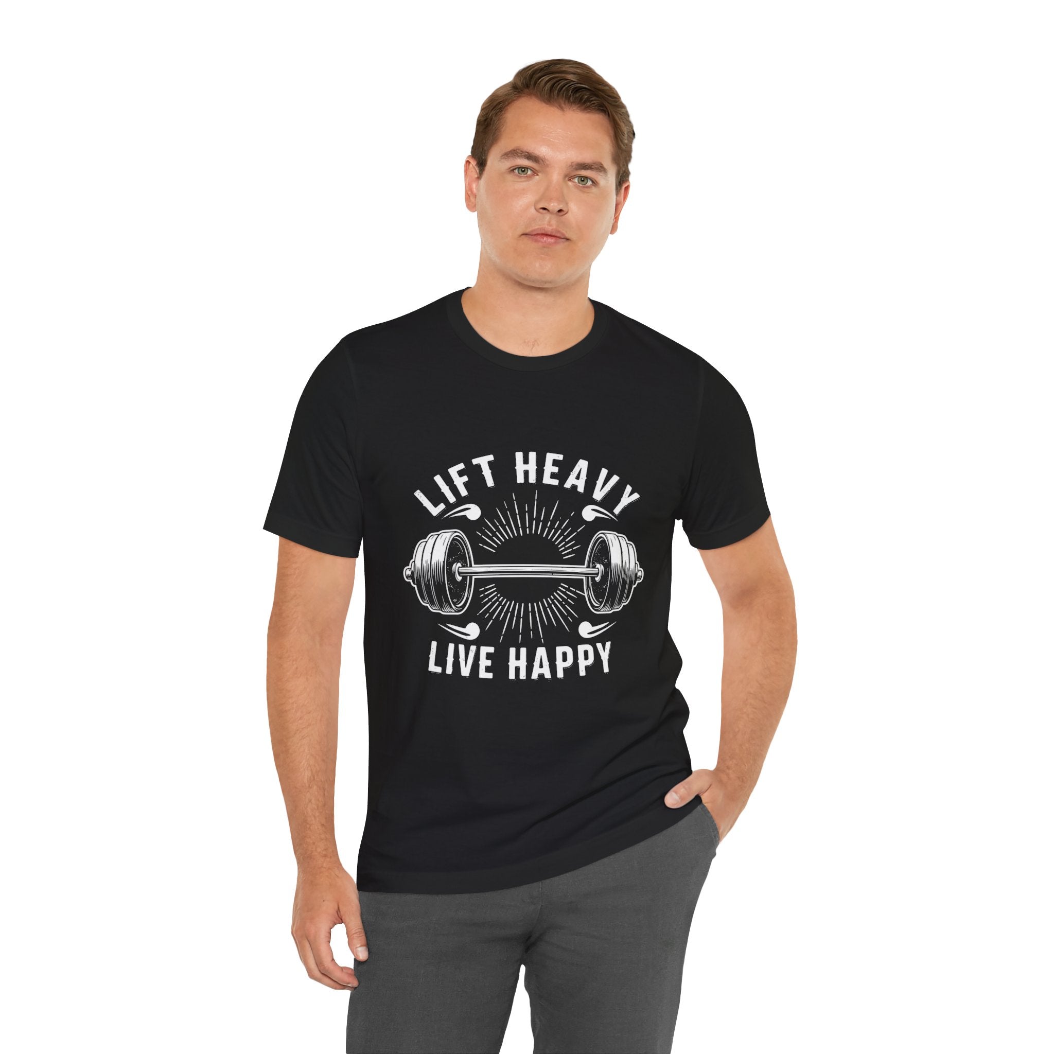 Lift Heavy Live Happy Rays - Sunburst Barbell Tee - Strength Happiness Shirt
