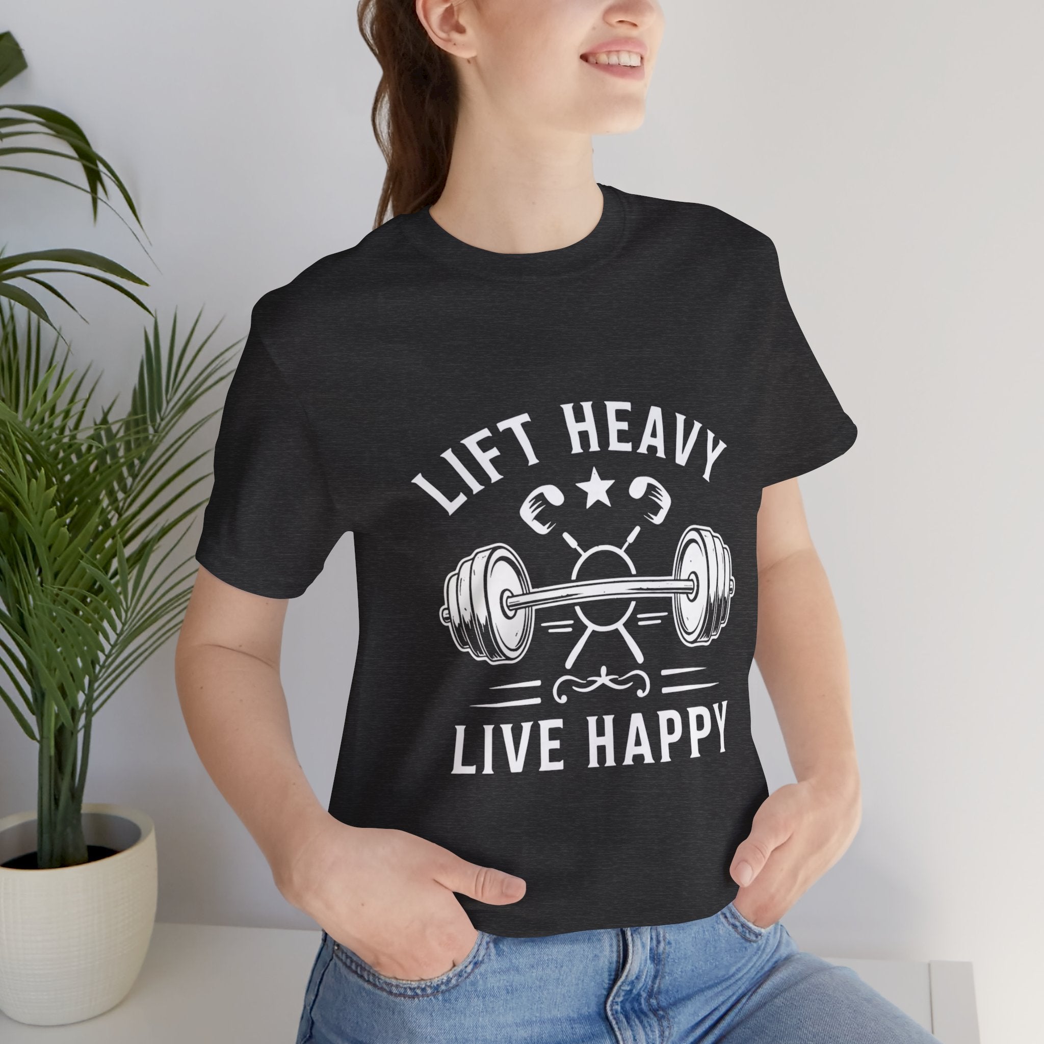 Lift Heavy Live Happy Barbell - Detailed Weight Design - Powerlifting Tee