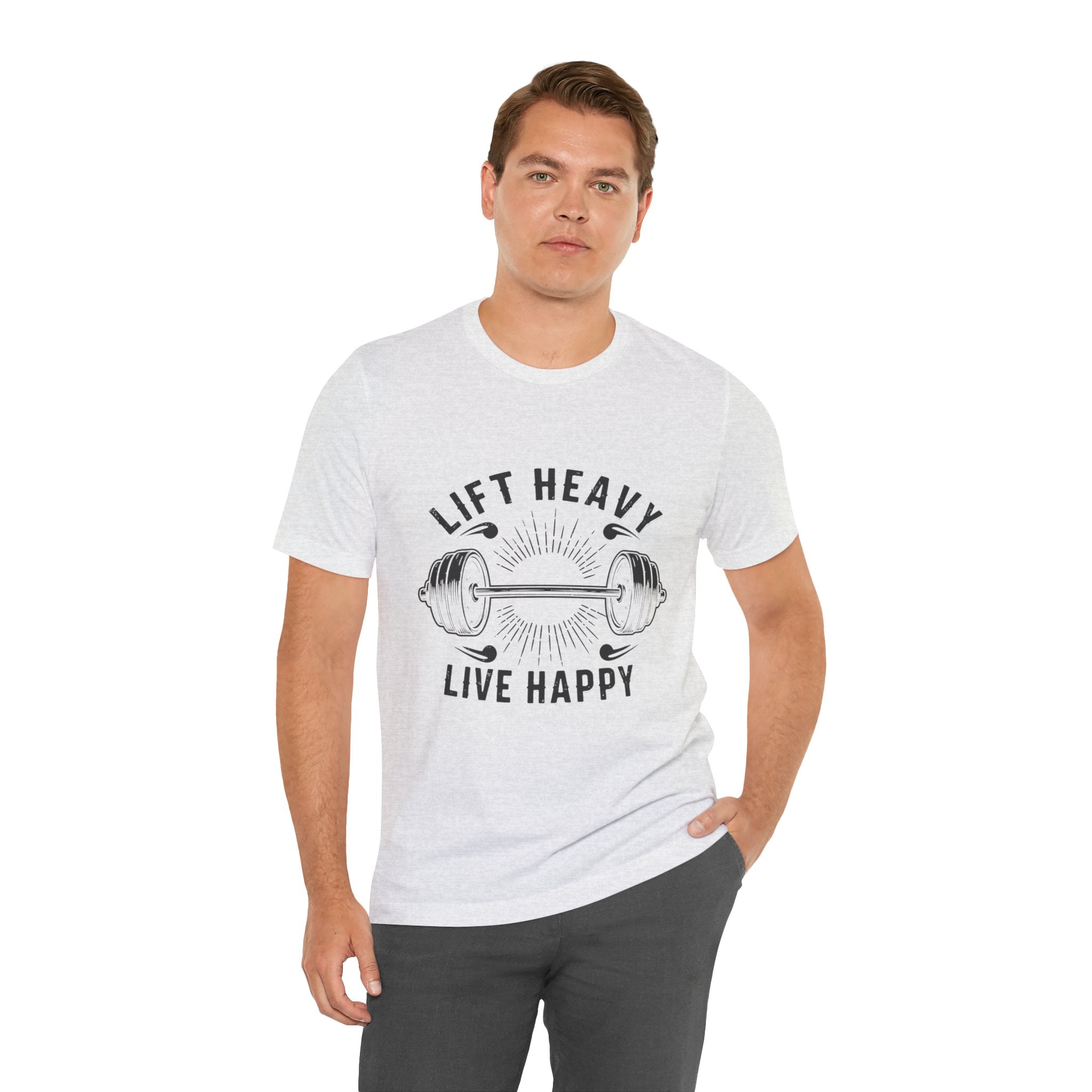 Lift Heavy Live Happy Rays - Sunburst Barbell Tee - Strength Happiness Shirt