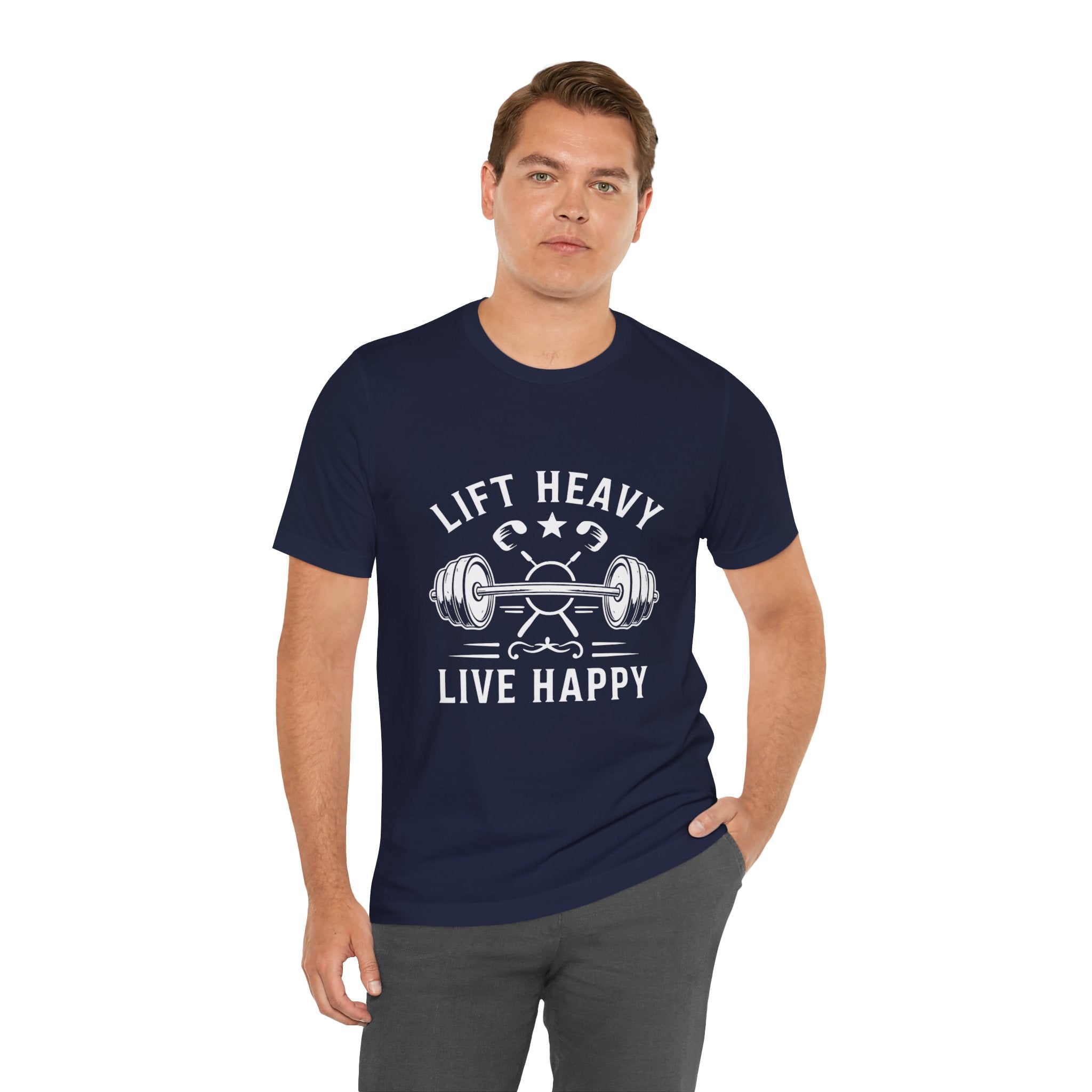 Lift Heavy Live Happy Barbell - Detailed Weight Design - Powerlifting Tee