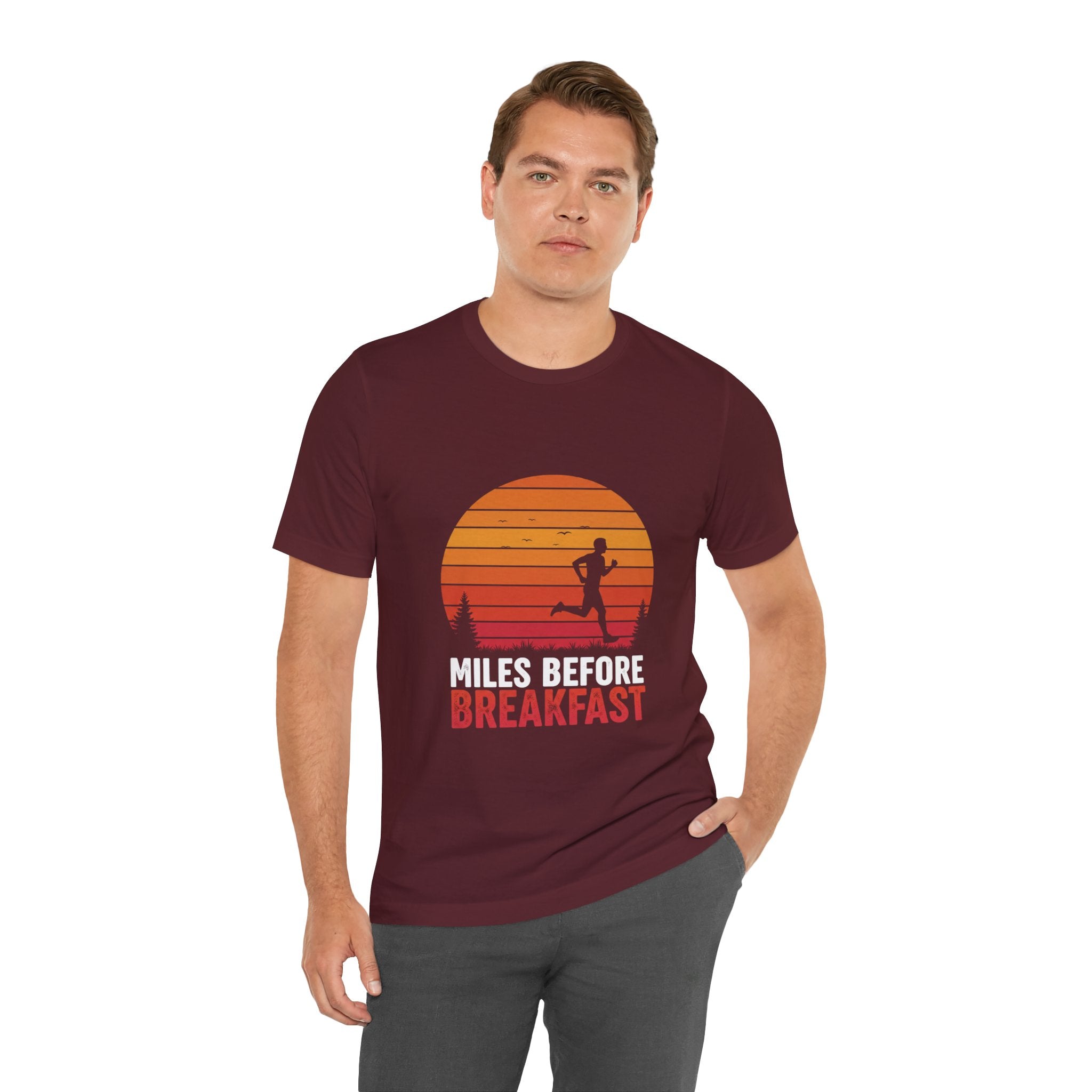 Miles Before Breakfast Sunset - Person Runner Silhouette - Morning Run Tee