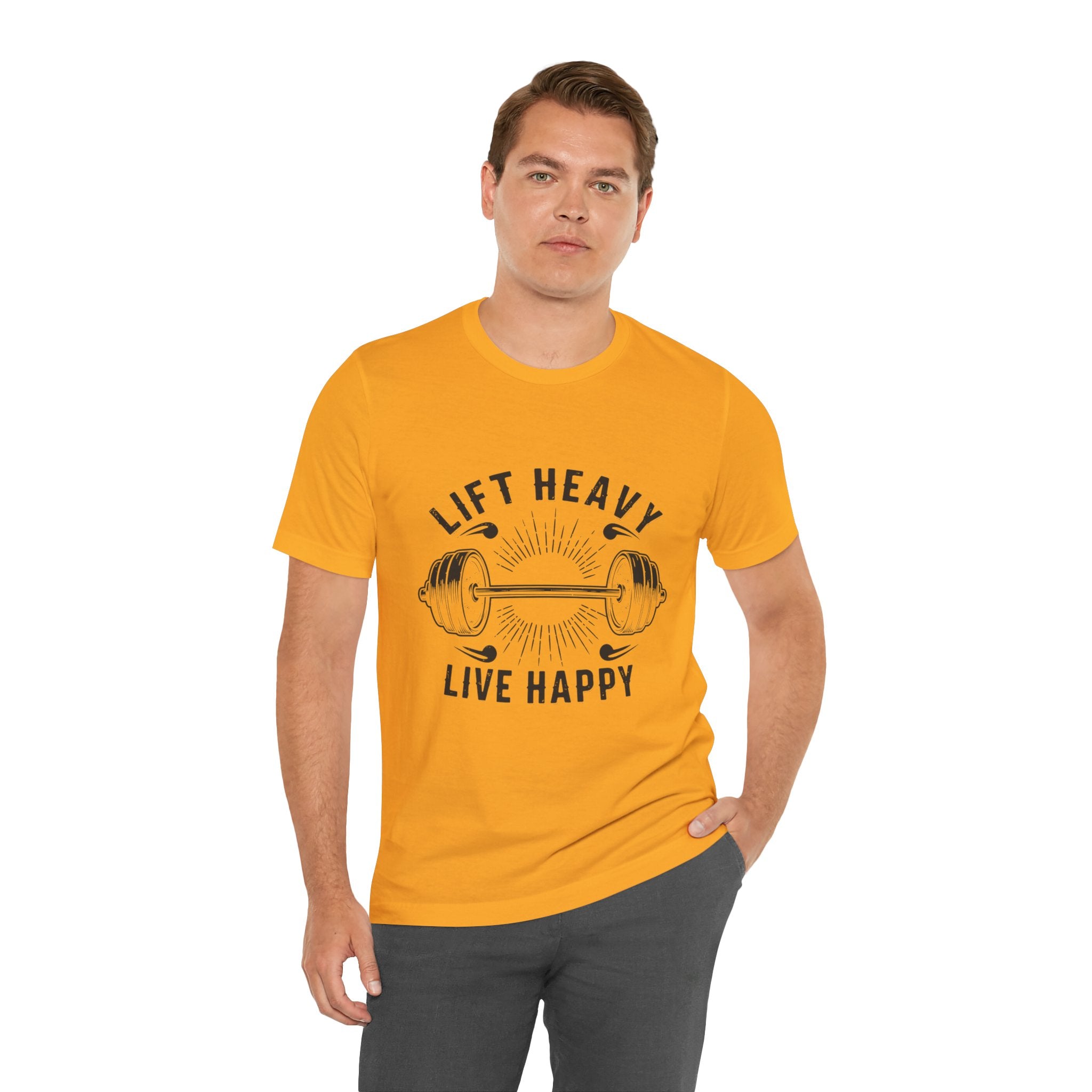 Lift Heavy Live Happy Rays - Sunburst Barbell Tee - Strength Happiness Shirt