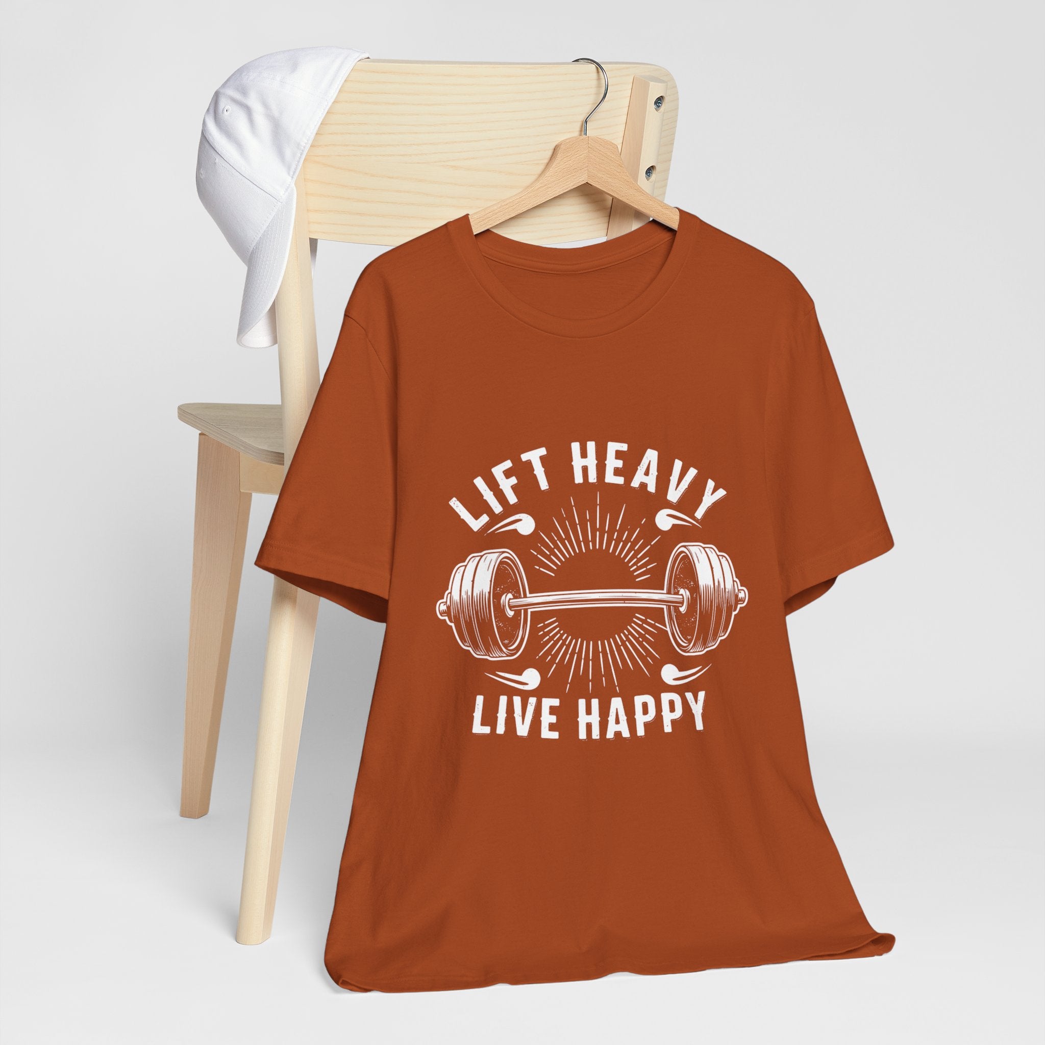 Lift Heavy Live Happy Rays - Sunburst Barbell Tee - Strength Happiness Shirt