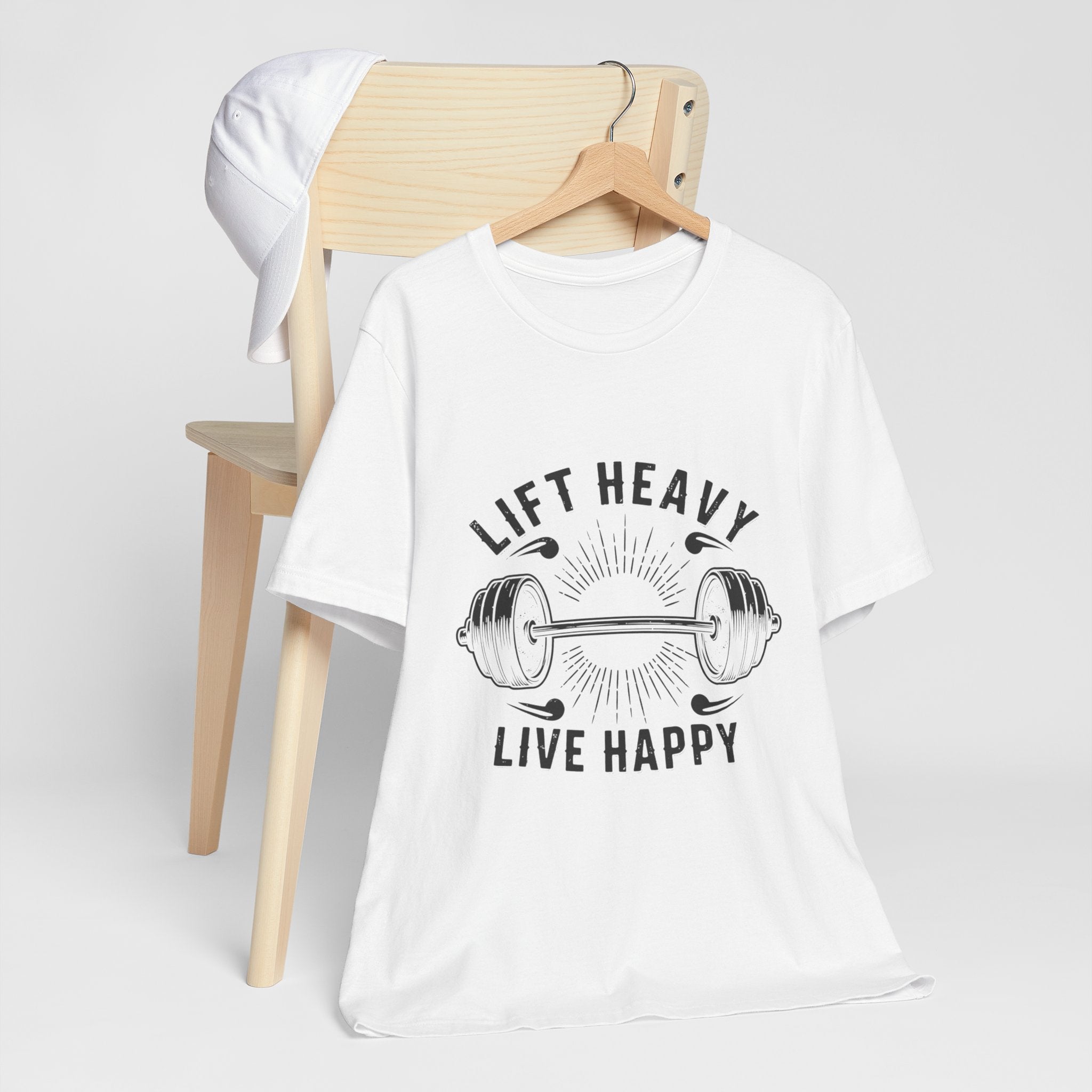 Lift Heavy Live Happy Rays - Sunburst Barbell Tee - Strength Happiness Shirt