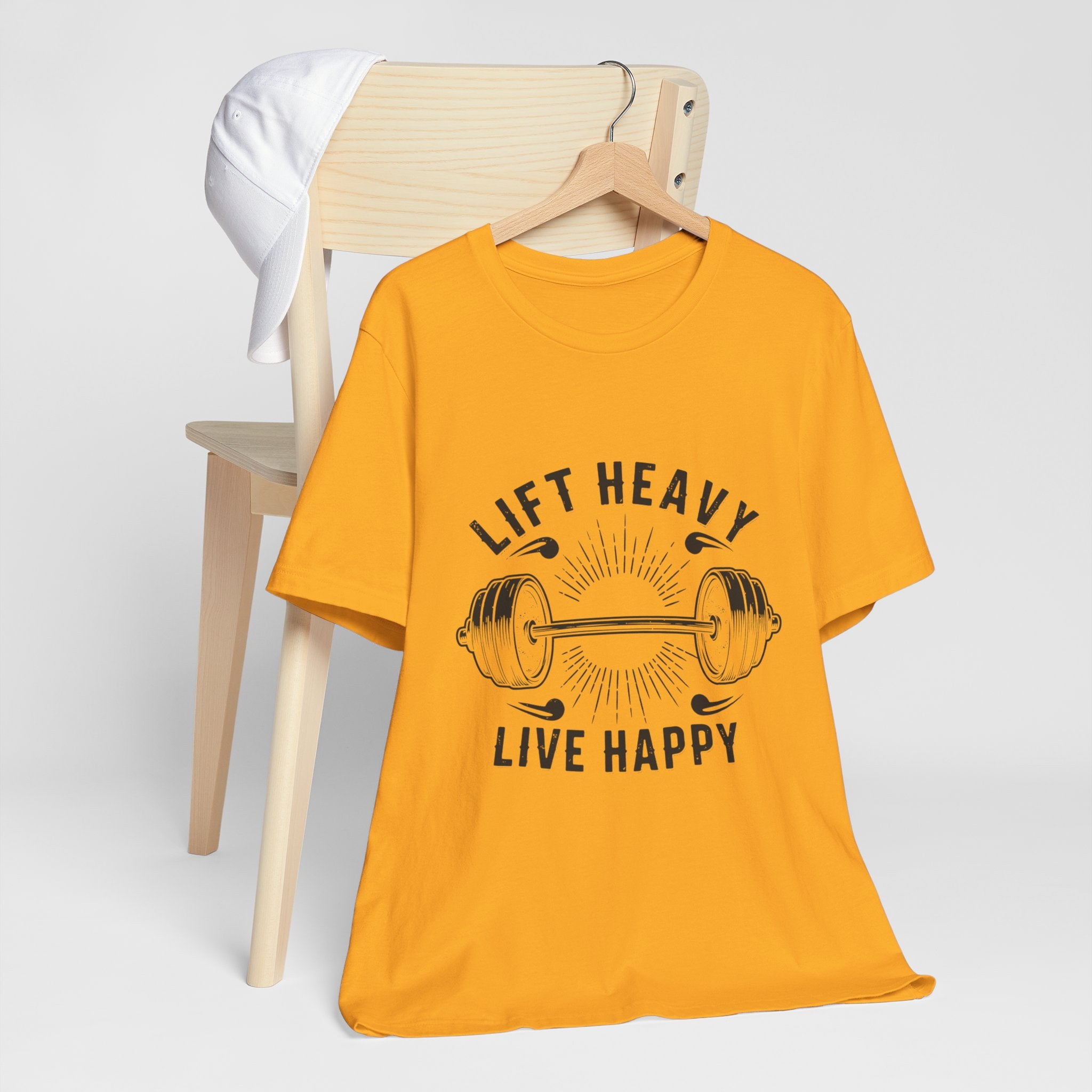 Lift Heavy Live Happy Rays - Sunburst Barbell Tee - Strength Happiness Shirt