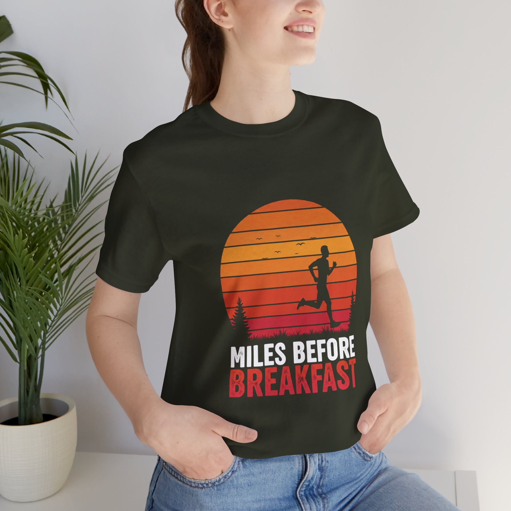 Miles Before Breakfast Sunset - Person Runner Silhouette - Morning Run Tee