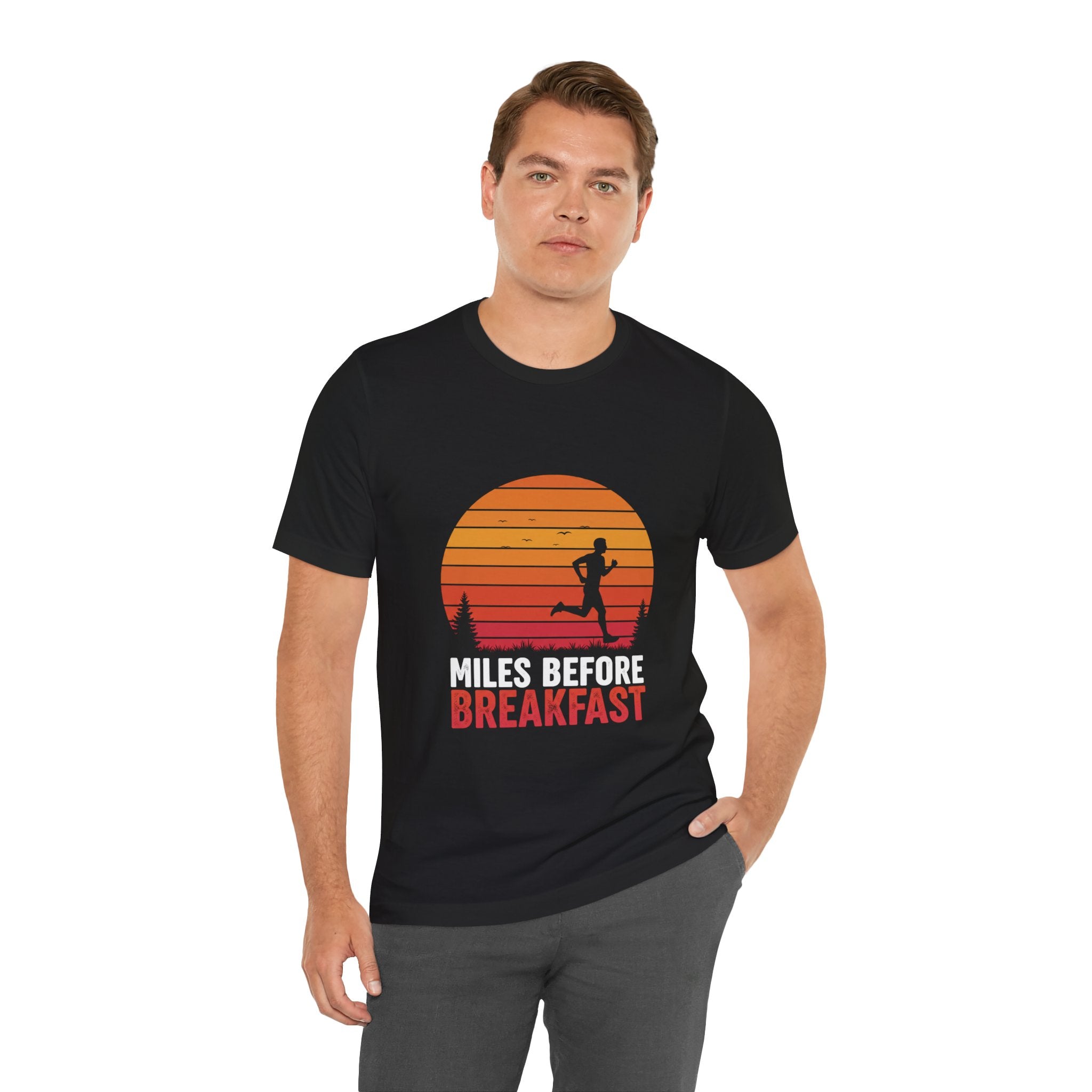 Miles Before Breakfast Sunset - Person Runner Silhouette - Morning Run Tee
