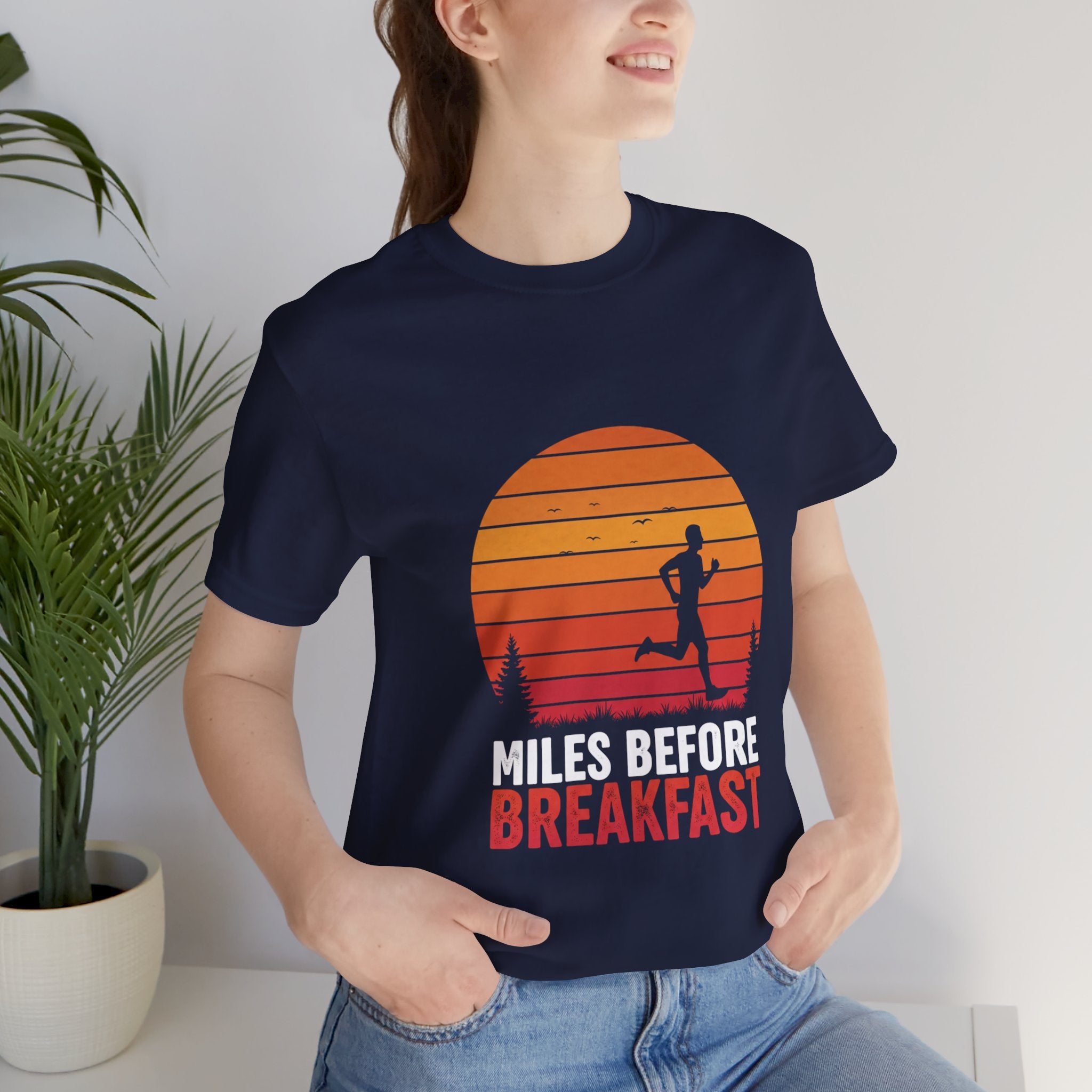 Miles Before Breakfast Sunset - Person Runner Silhouette - Morning Run Tee