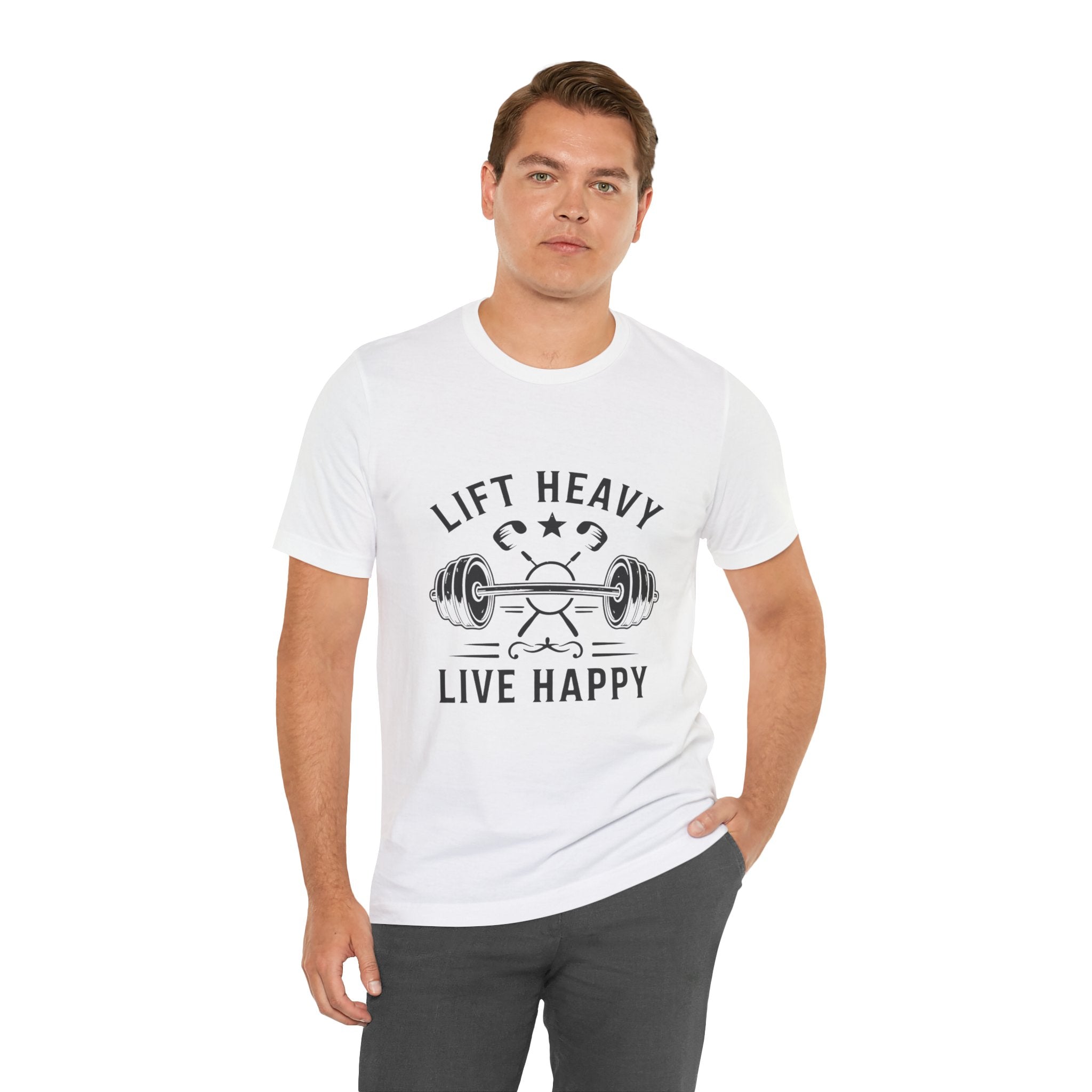 Lift Heavy Live Happy Barbell - Detailed Weight Design - Powerlifting Tee