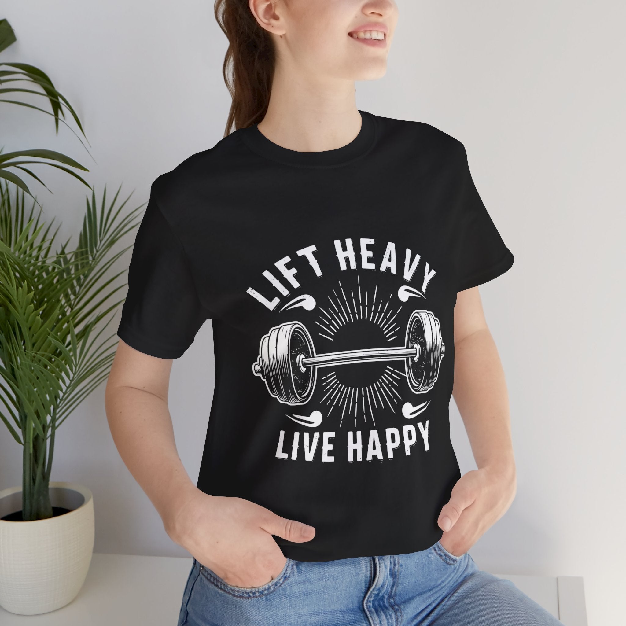 Lift Heavy Live Happy Rays - Sunburst Barbell Tee - Strength Happiness Shirt