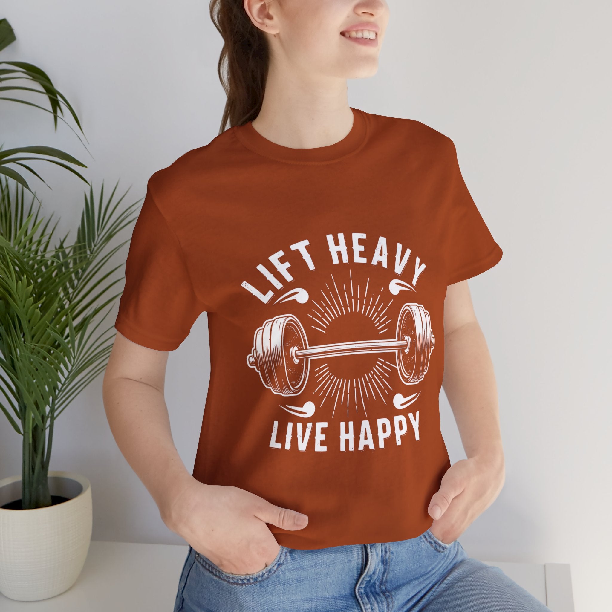 Lift Heavy Live Happy Rays - Sunburst Barbell Tee - Strength Happiness Shirt