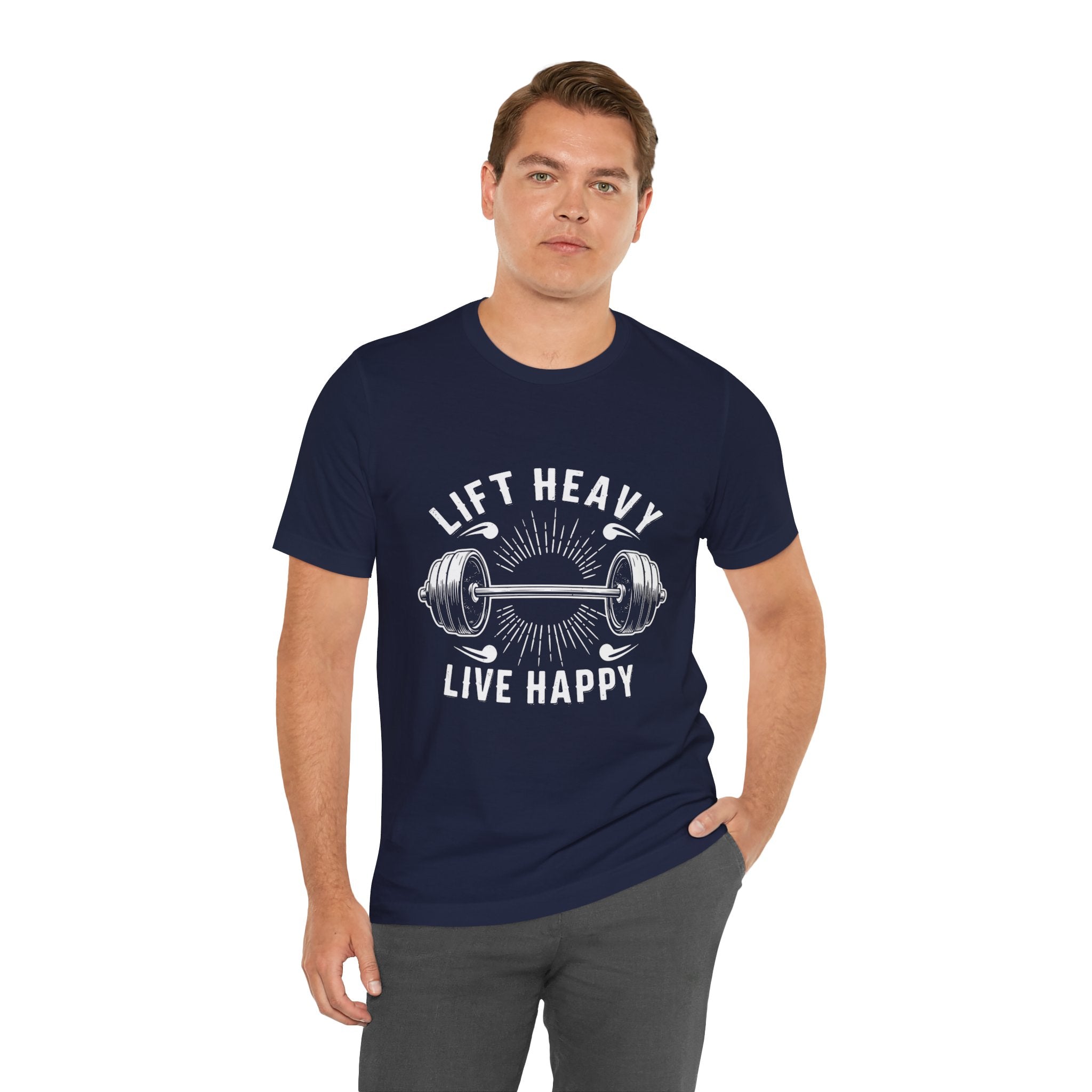 Lift Heavy Live Happy Rays - Sunburst Barbell Tee - Strength Happiness Shirt