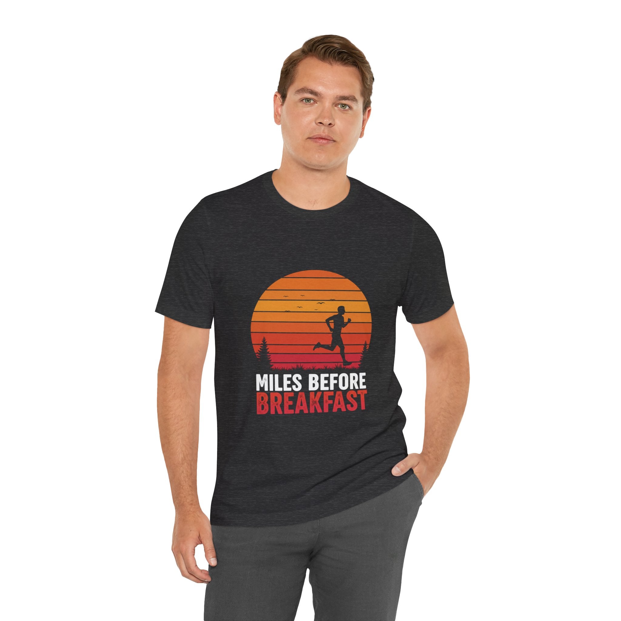 Miles Before Breakfast Sunset - Person Runner Silhouette - Morning Run Tee