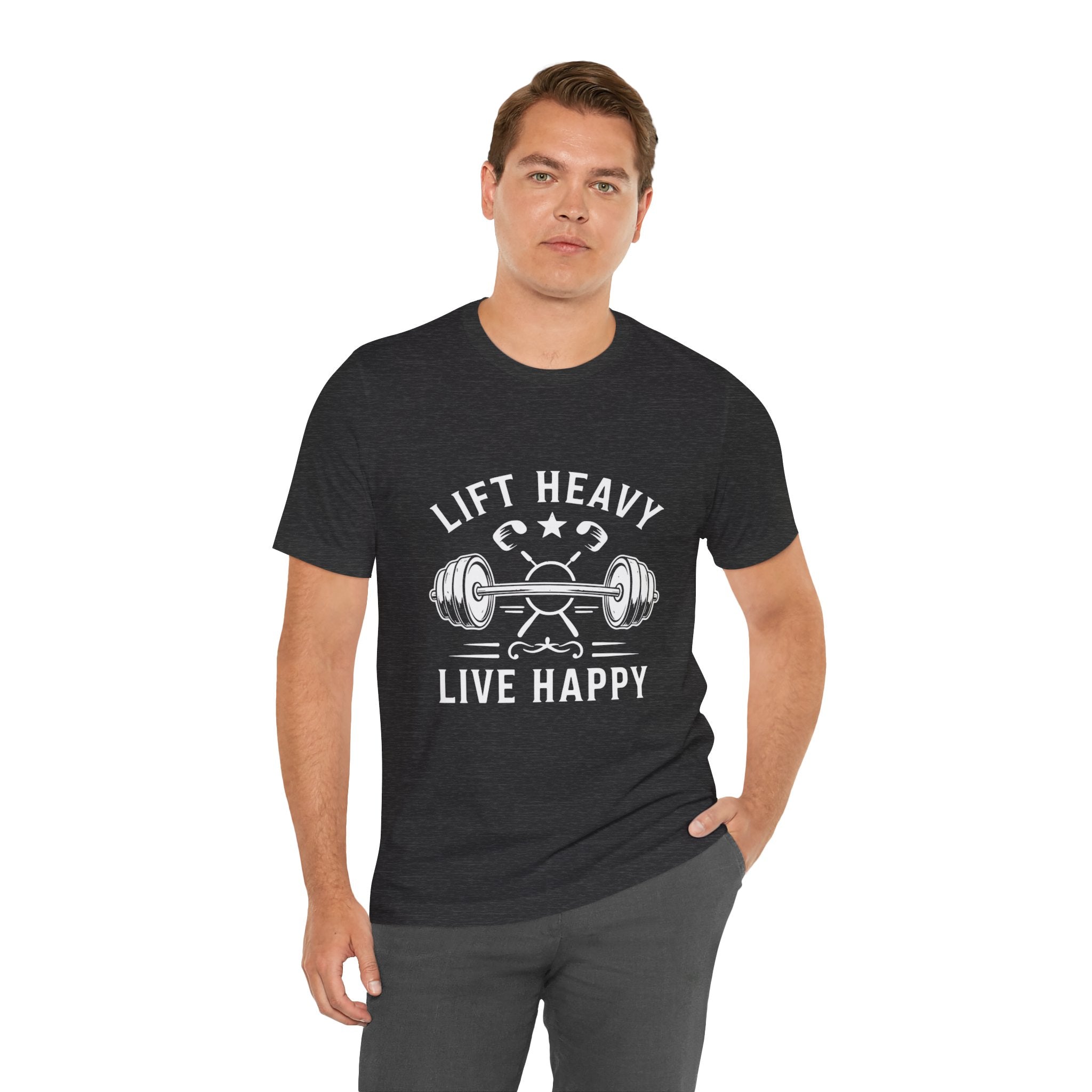 Lift Heavy Live Happy Barbell - Detailed Weight Design - Powerlifting Tee