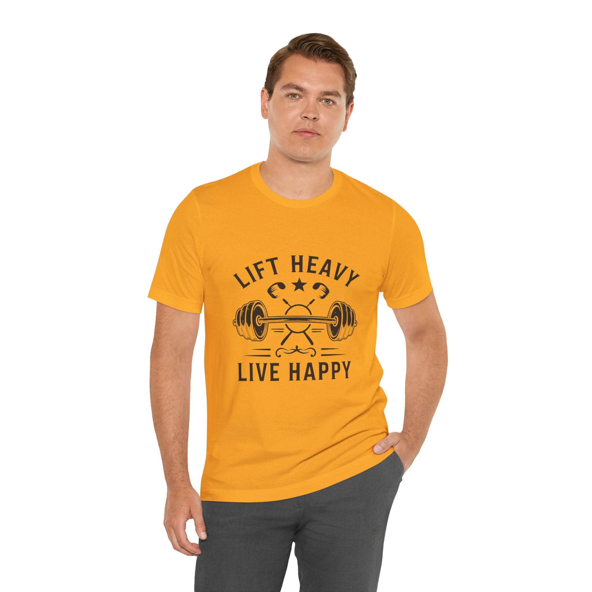 Lift Heavy Live Happy Barbell - Detailed Weight Design - Powerlifting Tee